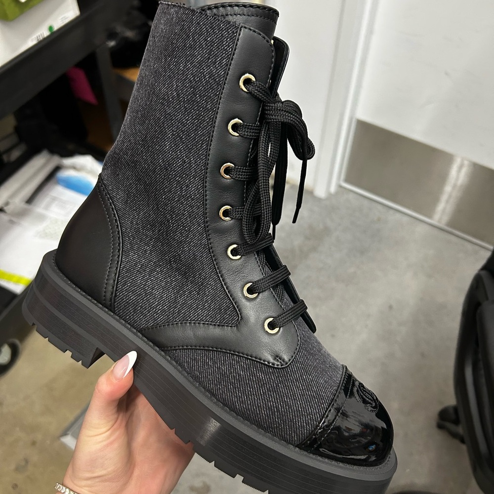 CHANEL Black and Gray Combat Boots